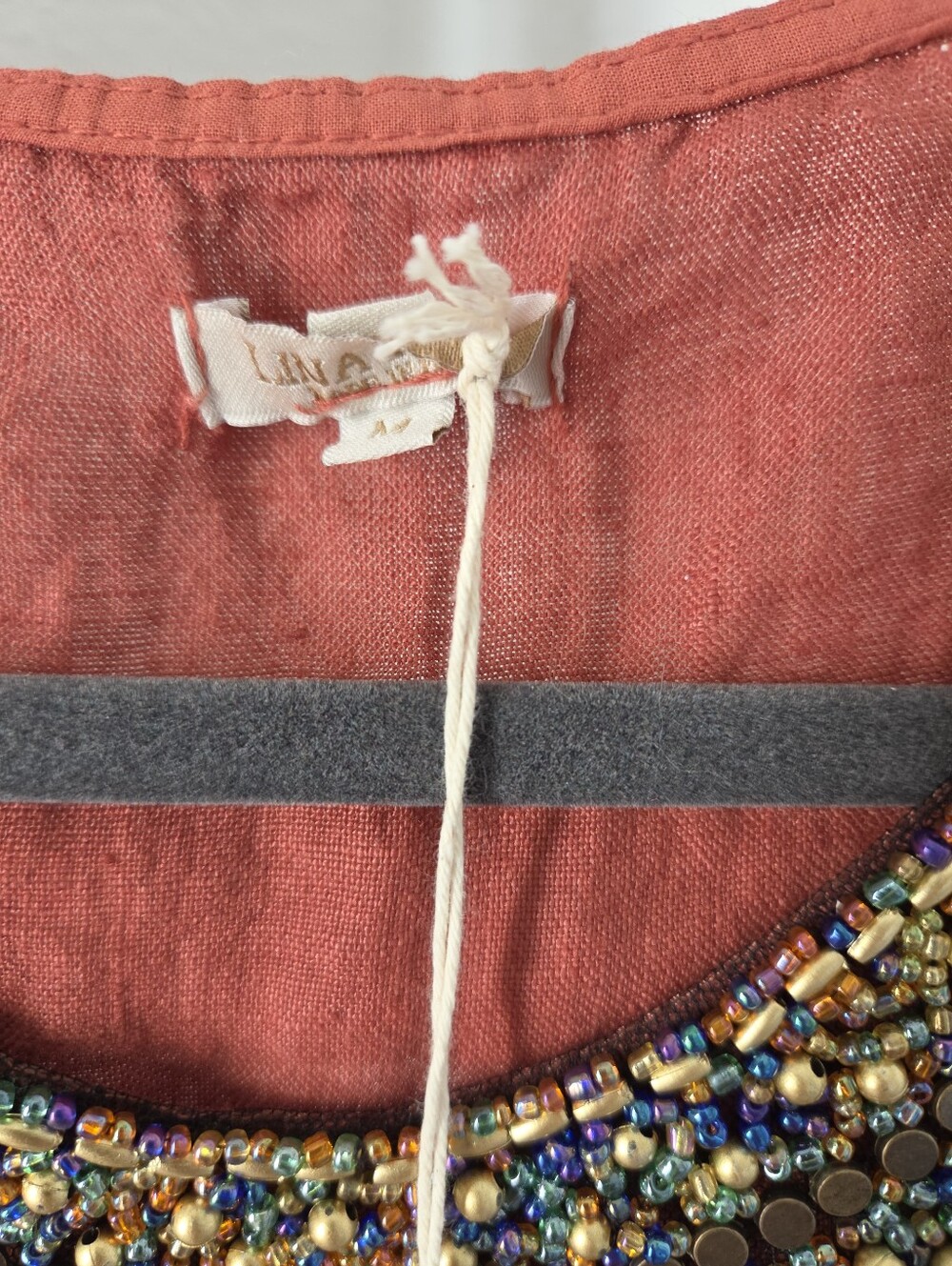 NWT Lina Tomei Linen Coccio Dress, Sz M. Rust, Burnt Orange With Beading - Picture 6 of 10